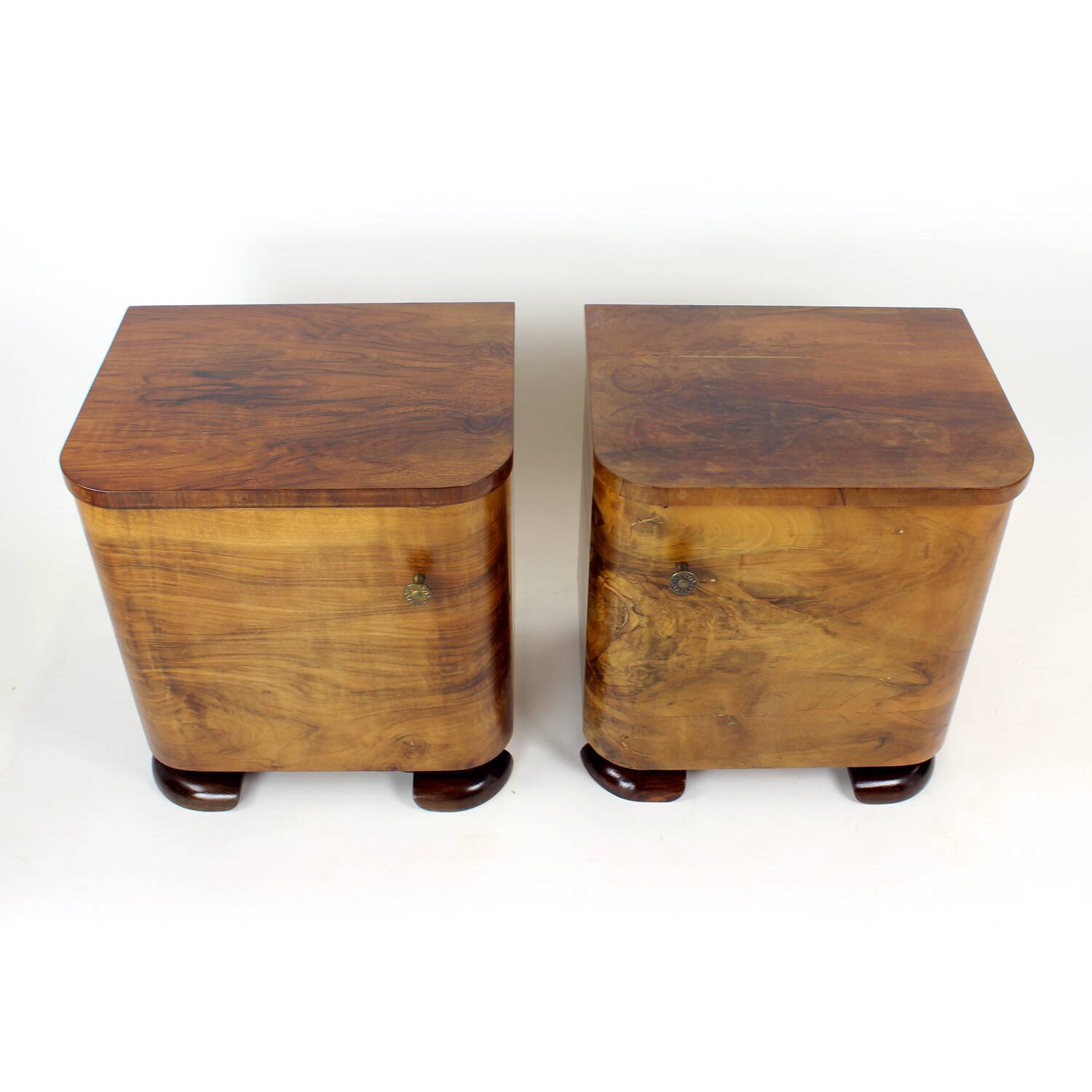Minimalistic Art Deco Bedside Tables In Walnut Veneer, Czechoslovakia 1930s