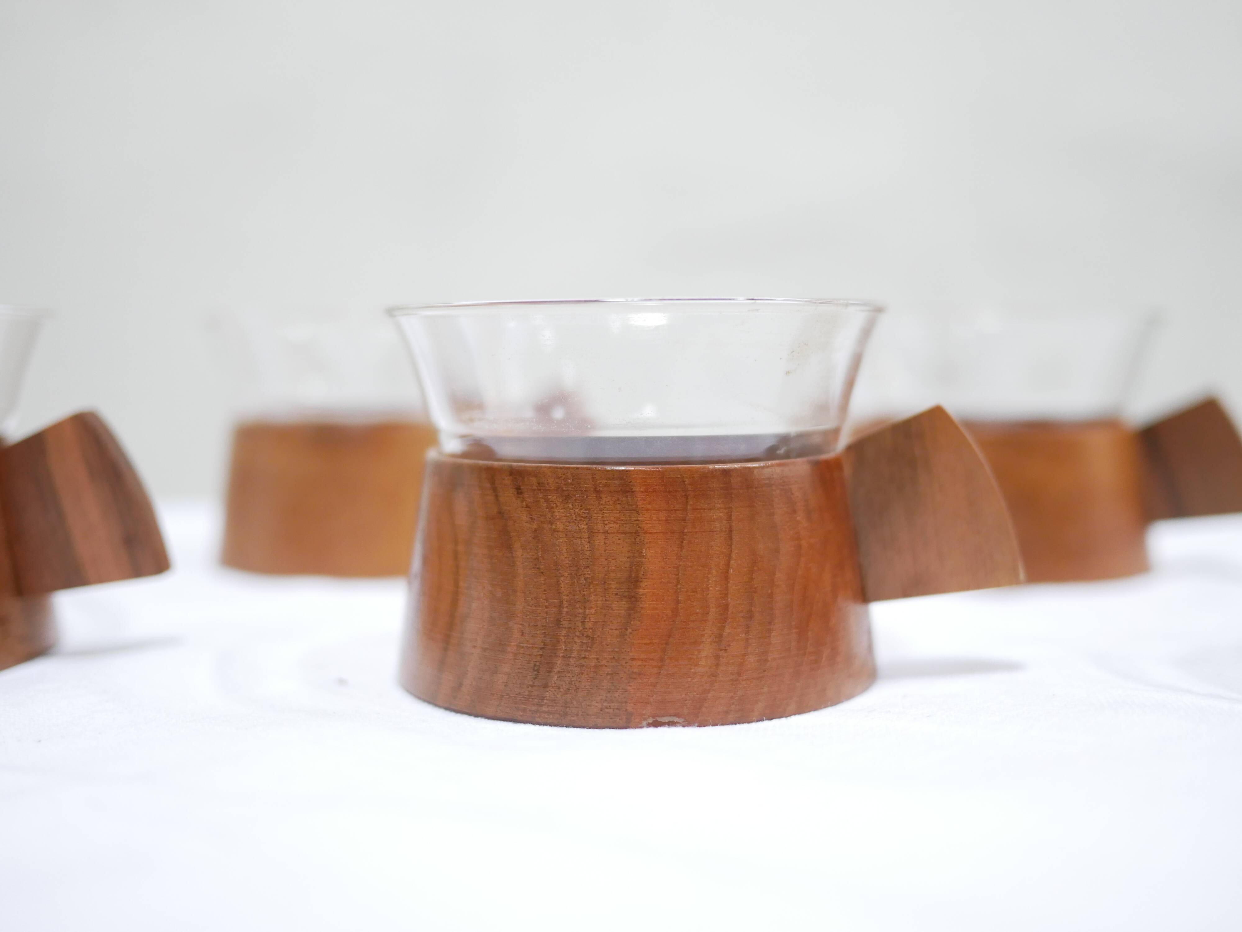 Series of 6 vintage Scandinavian cups in Schott & Gen Mainz teak and glass