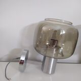 Pair of vintage chrome wall lights with smoked glass globe