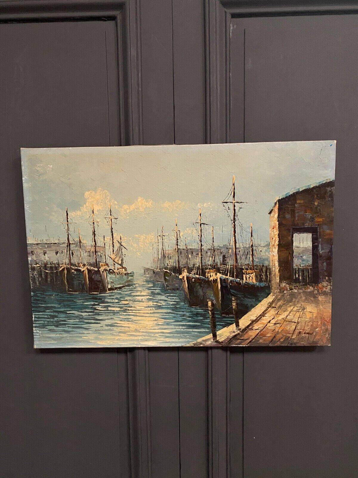 Oil on canvas mid-20th century marine boats at the quayside by P. Lemeut