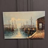 Oil on canvas mid-20th century marine boats at the quayside by P. Lemeut