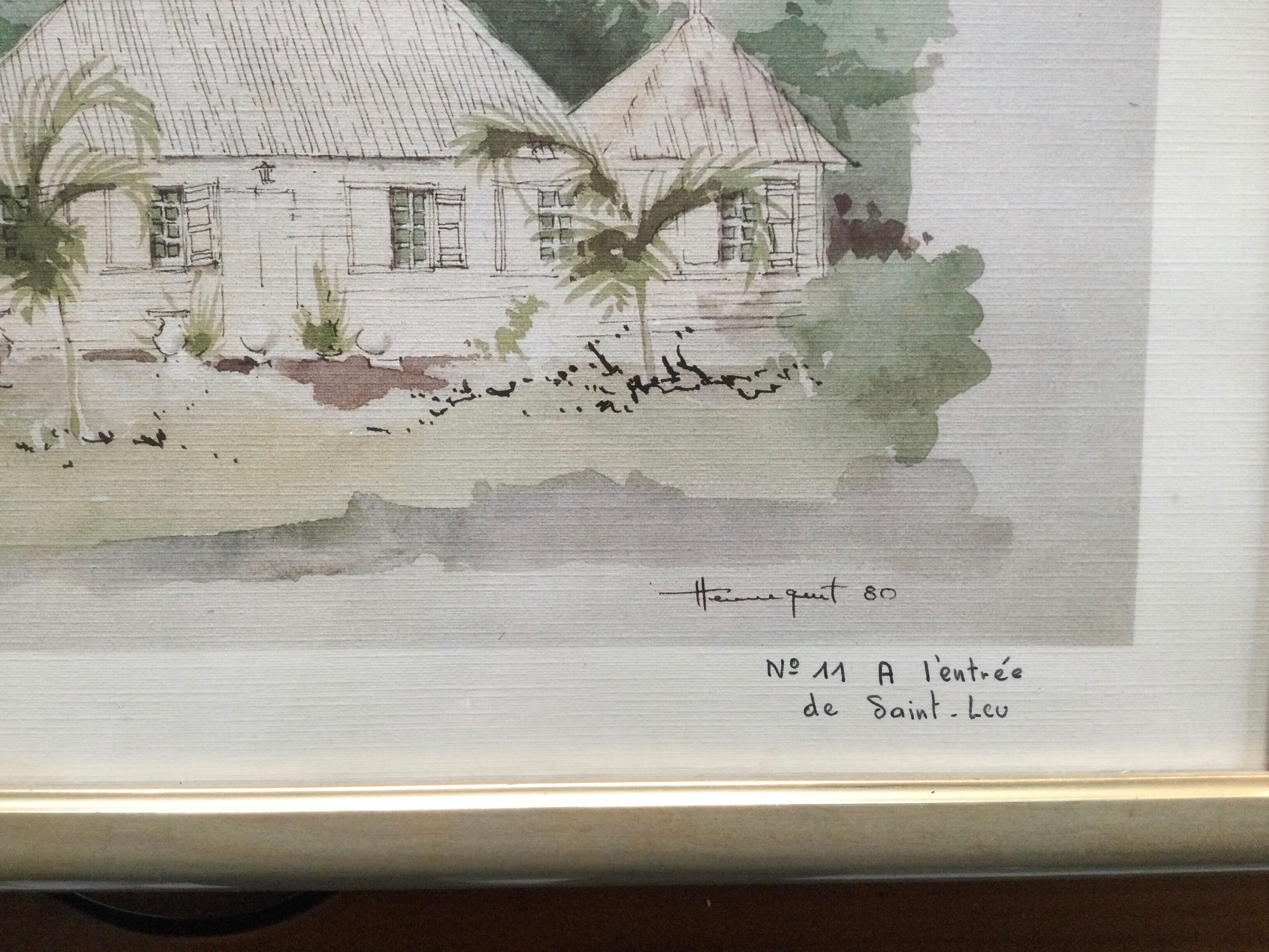 Framed watercolor by F. Hennequet - Reunion Island, At the entrance of Saint-Leu