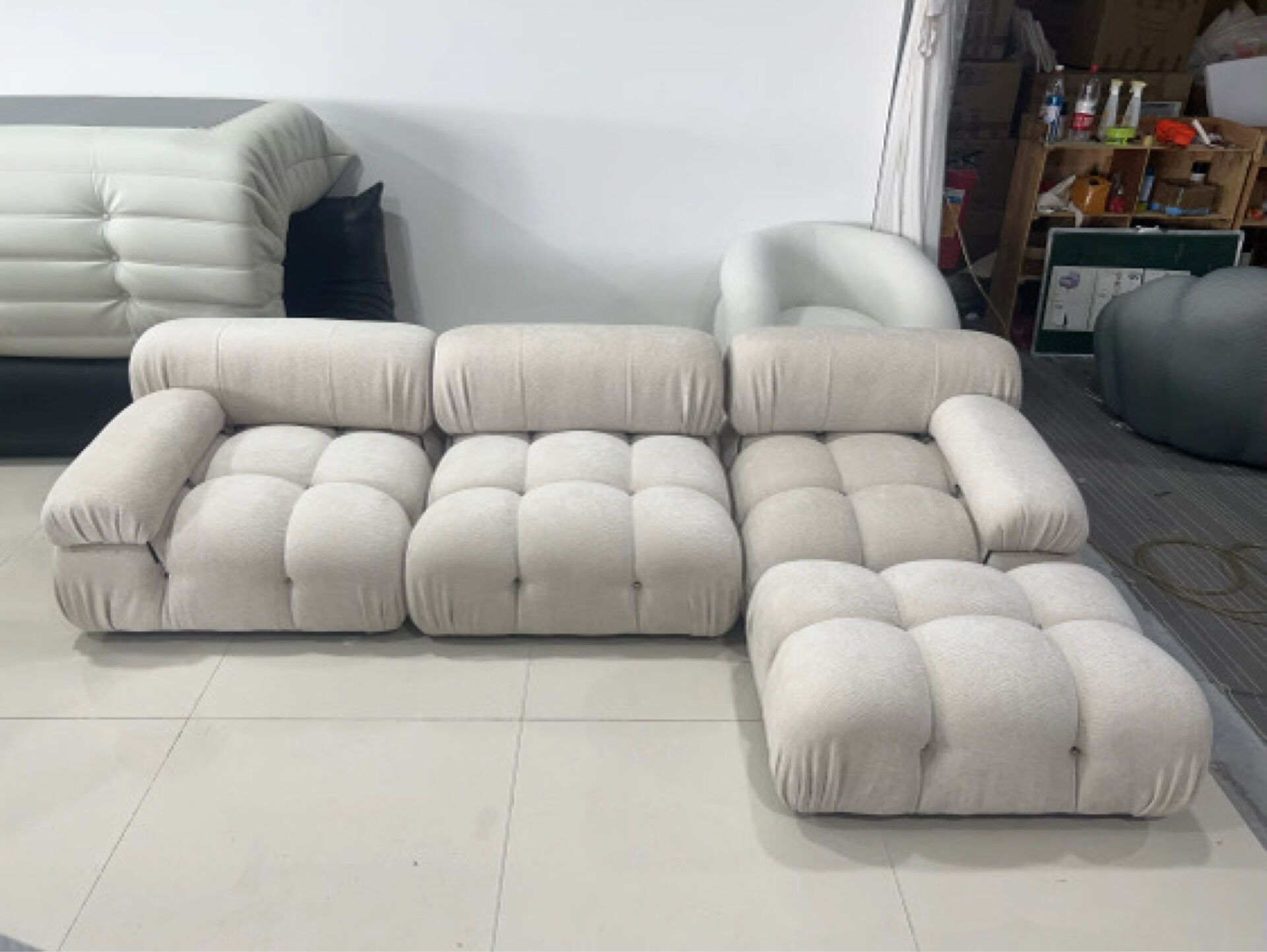 Modular XXL sofa for 5/6 people – Cloud Design – Cream Bouclé + Pouf