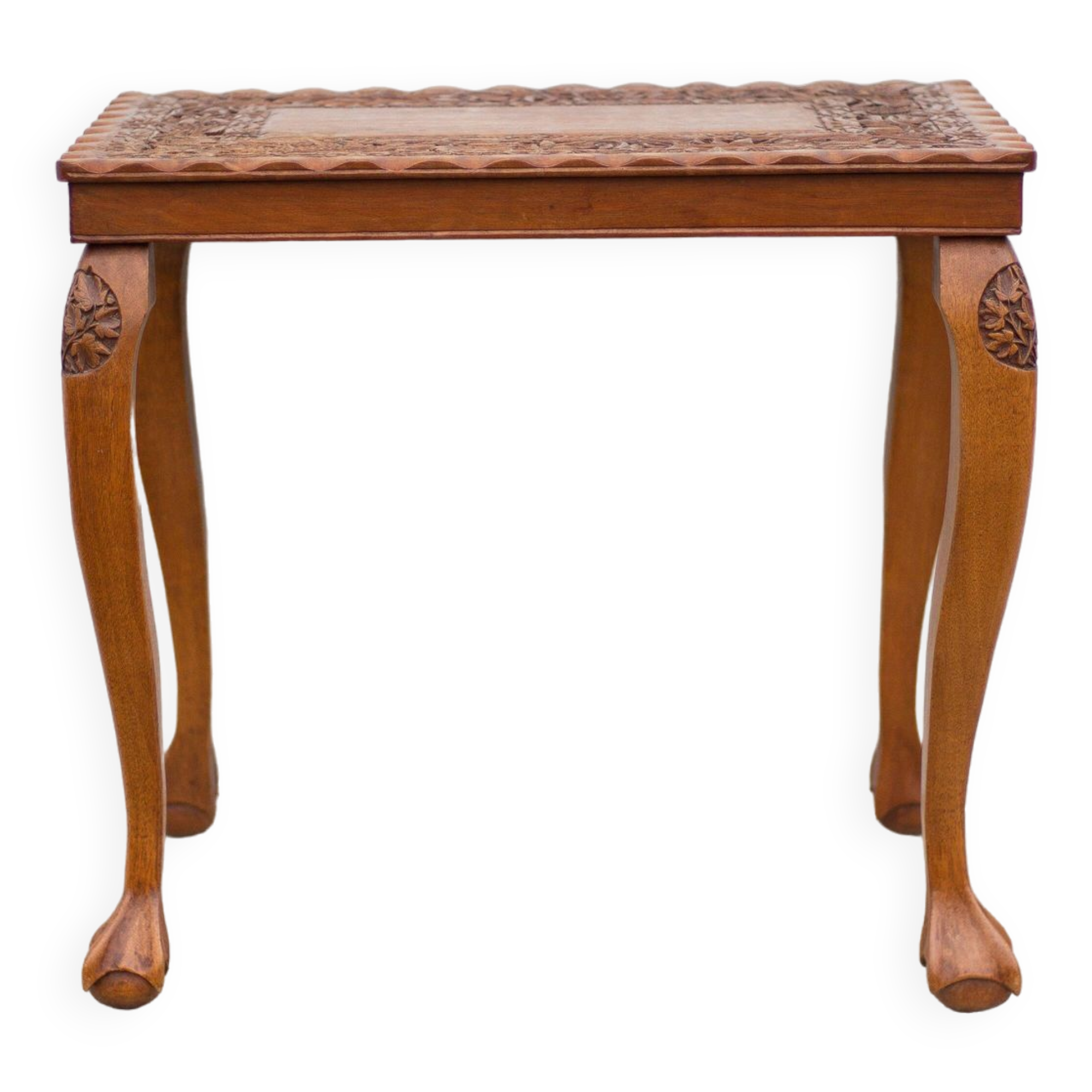 Handmade carved wooden pedestal table, vintage molded coffee table, claw foot table