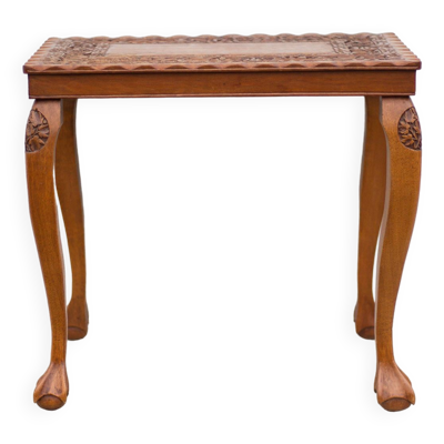 Table guéridon bois sculpté fait à la main, table basse moulurée vintage, table pieds griffe