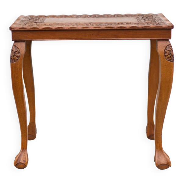 Table guéridon bois sculpté fait à la main, table basse moulurée vintage, table pieds griffe