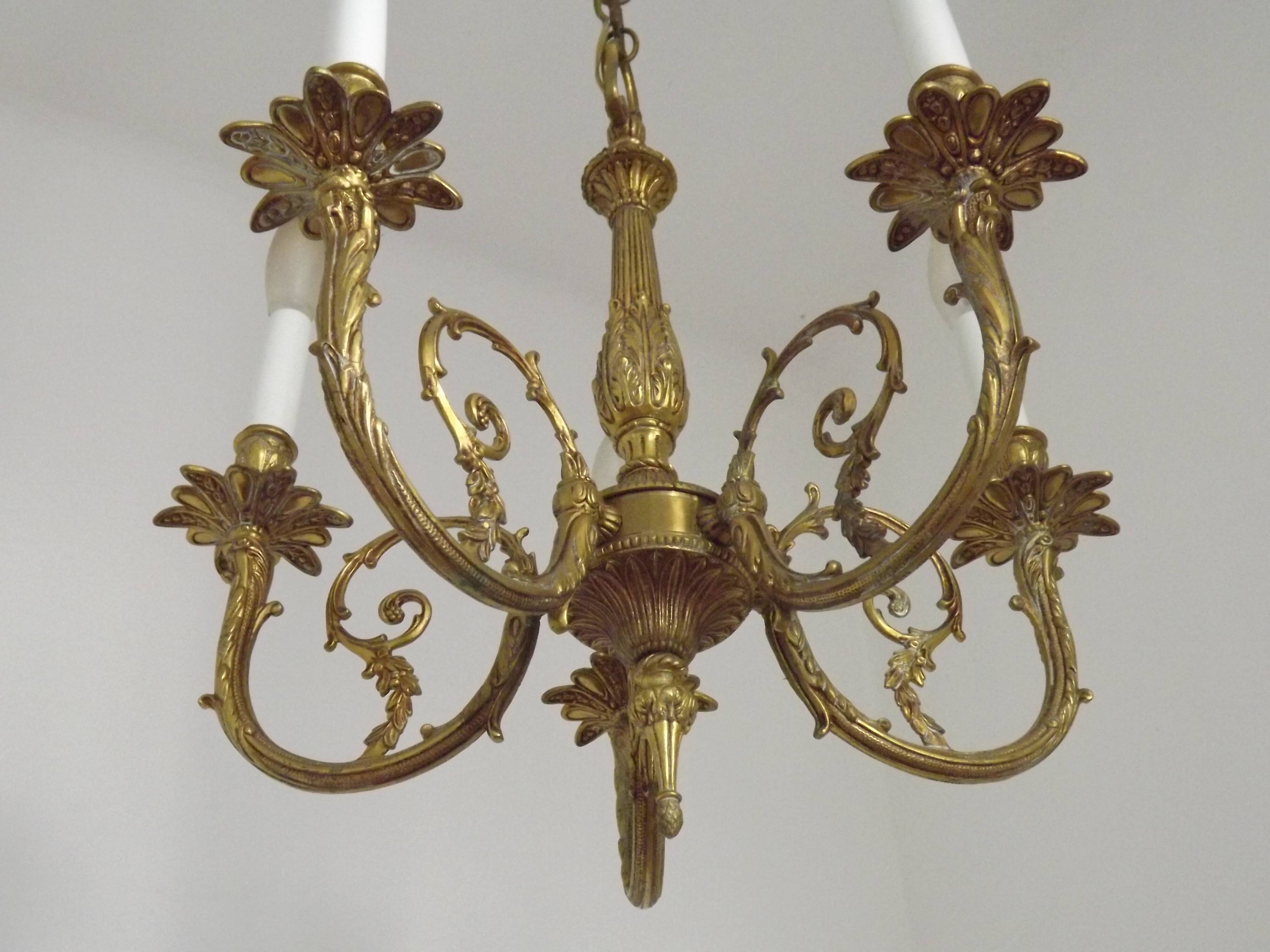 Elegant French Vintage Bronze 5-Light Art Nouveau Style Chandelier