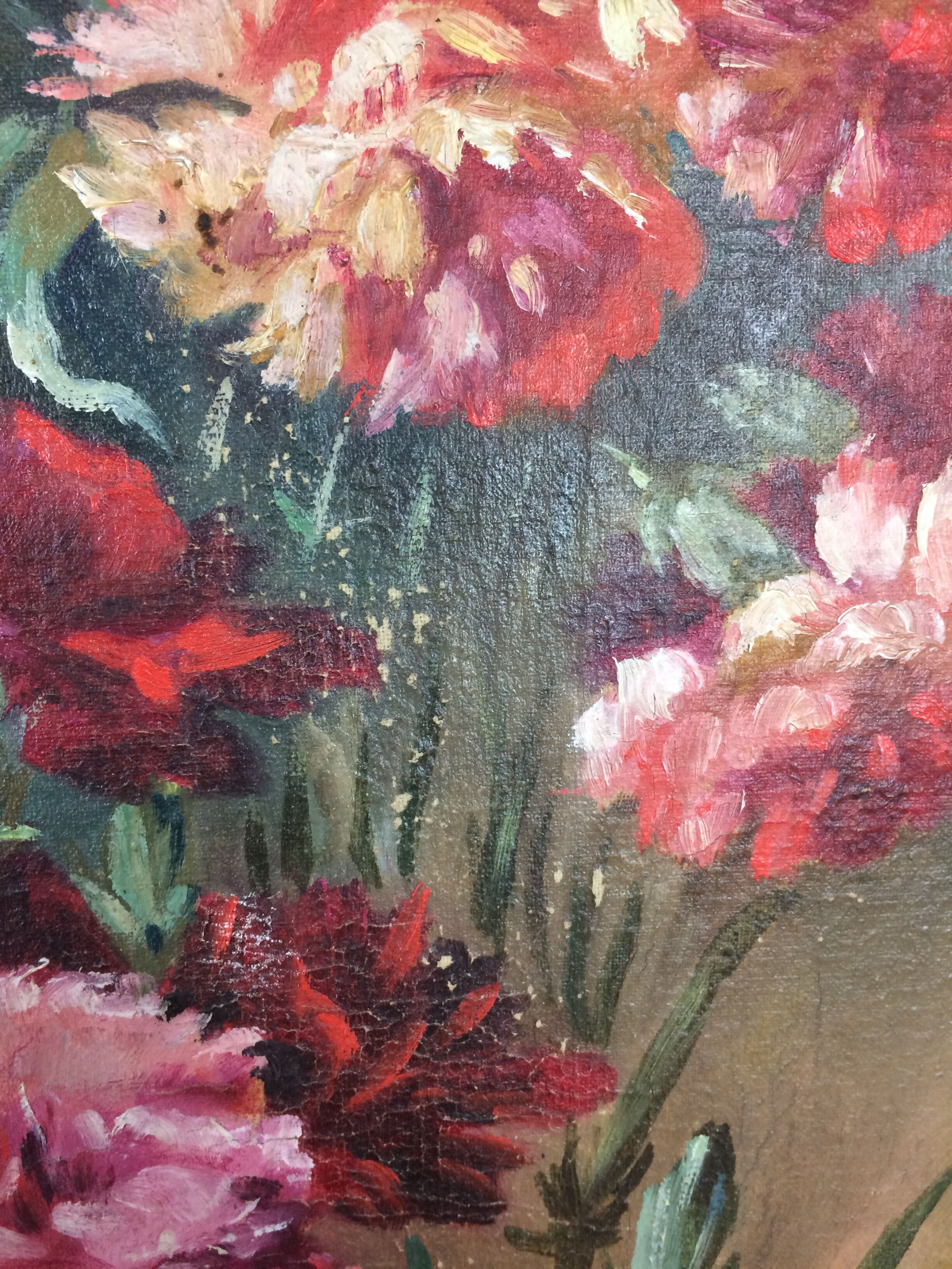 Suite of 2 old still lifes, painting on canvas, flowers