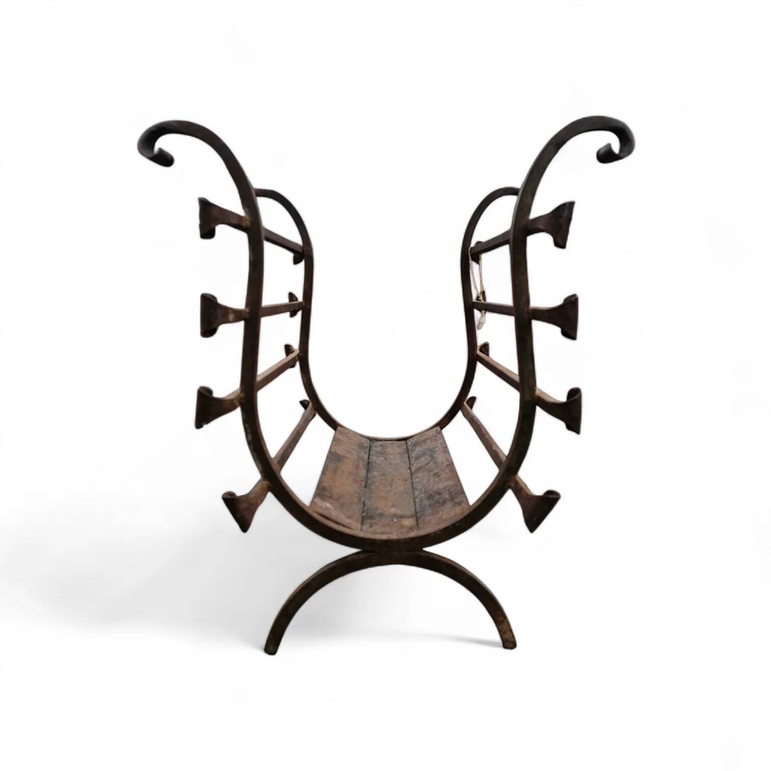 Vintage black wrought iron fireplace log holder / 1960s