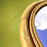 Vintage round bamboo rattan mirror 70s bohemian wall-mounted