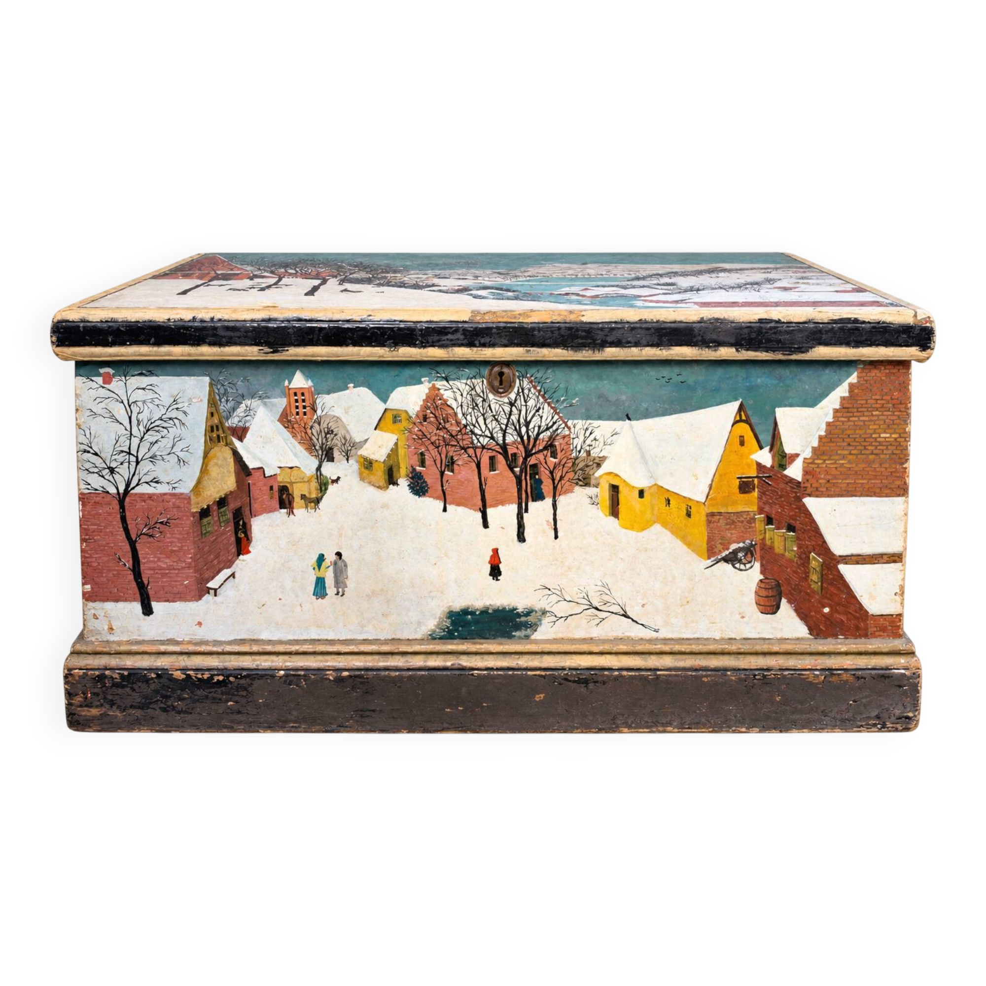 Antique chest hand-painted with a snowy village scene and a starry interior.