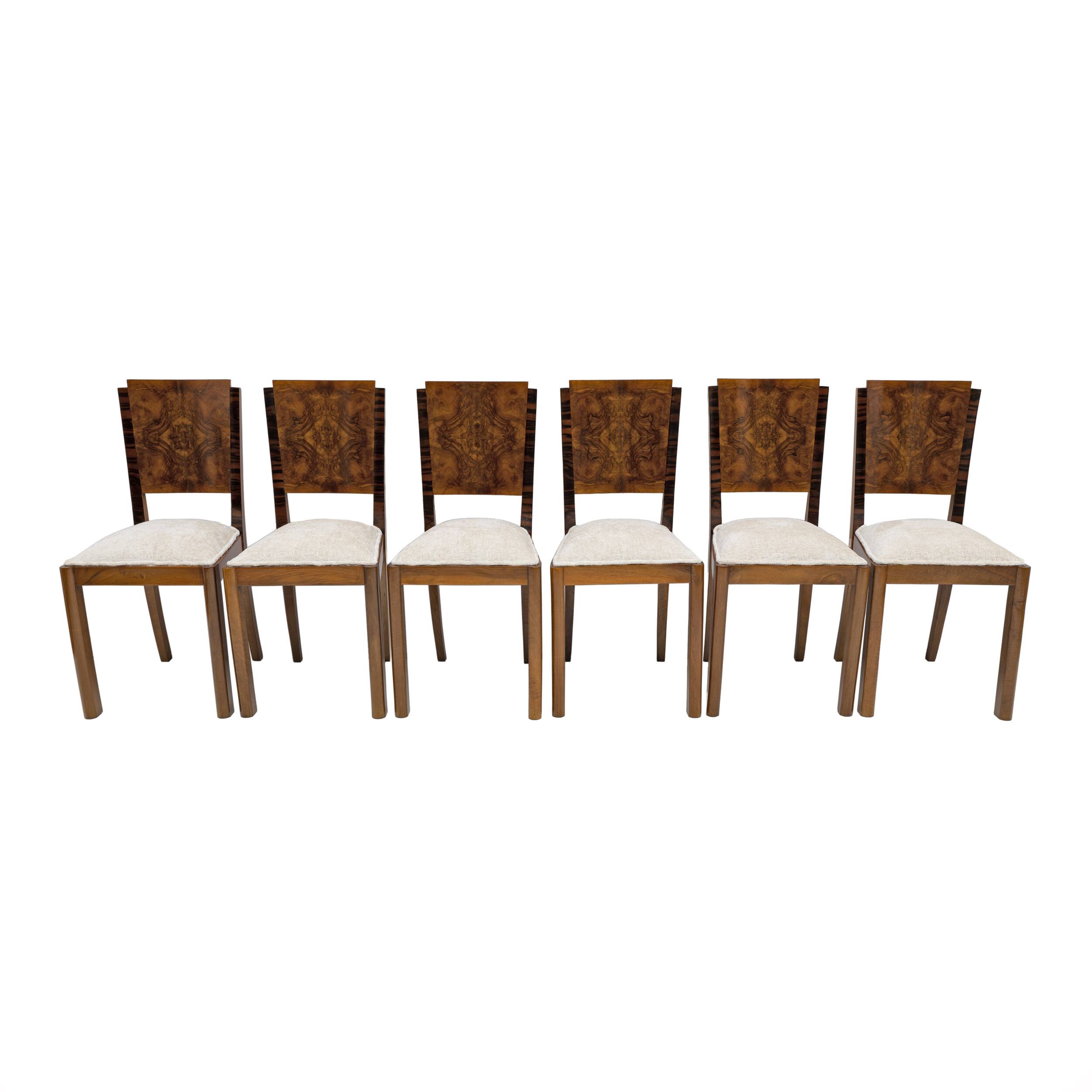 Six Art Dèco Italian Walnut Dining Chairs, 1940s