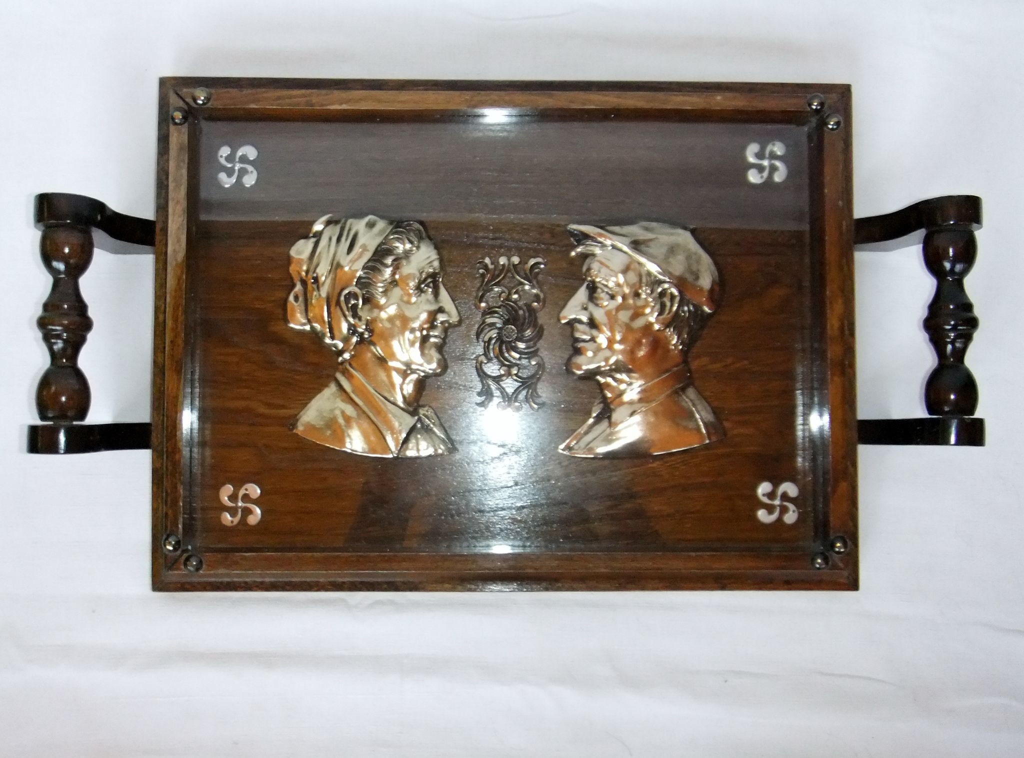 Basque service tray cross character under glass wood vintage handles painting