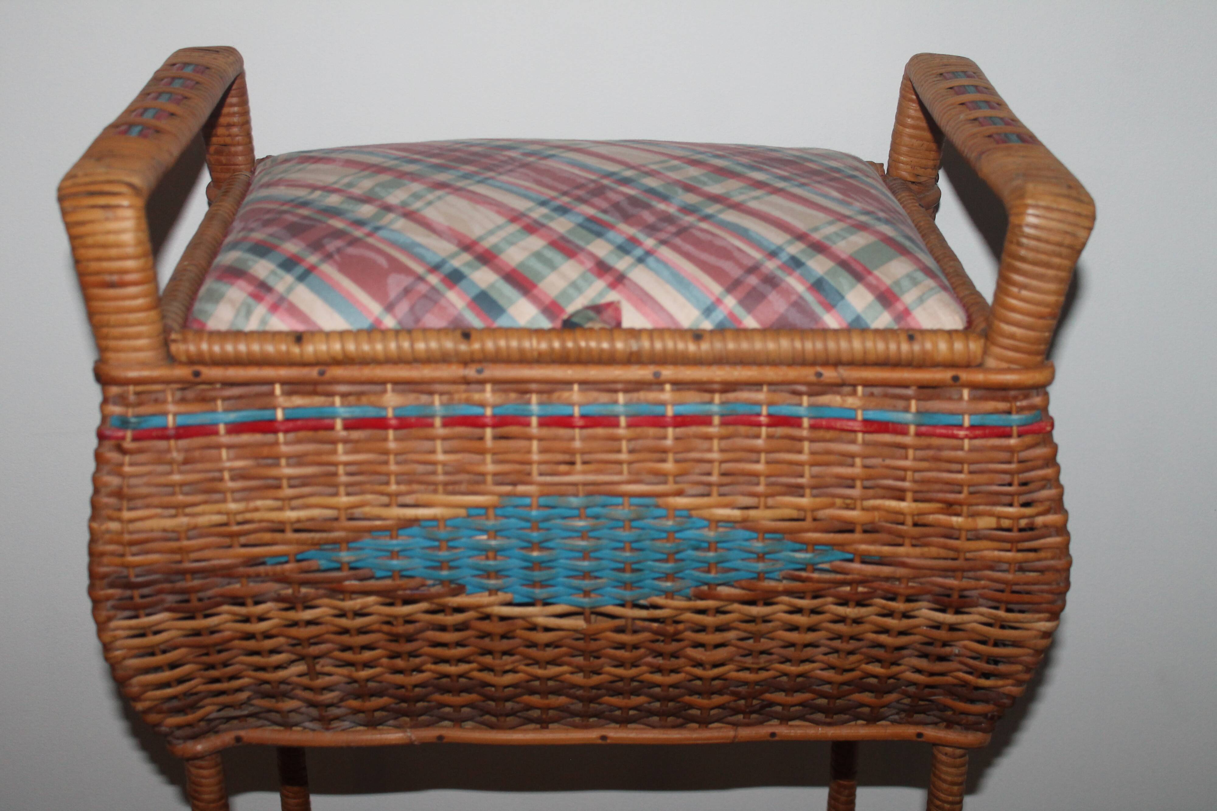 Furniture vintage 70 sewing basket in rattan and wicker