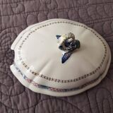 Antique sauceboat with lid in Gien earthenware, Rouen and dolphin decor