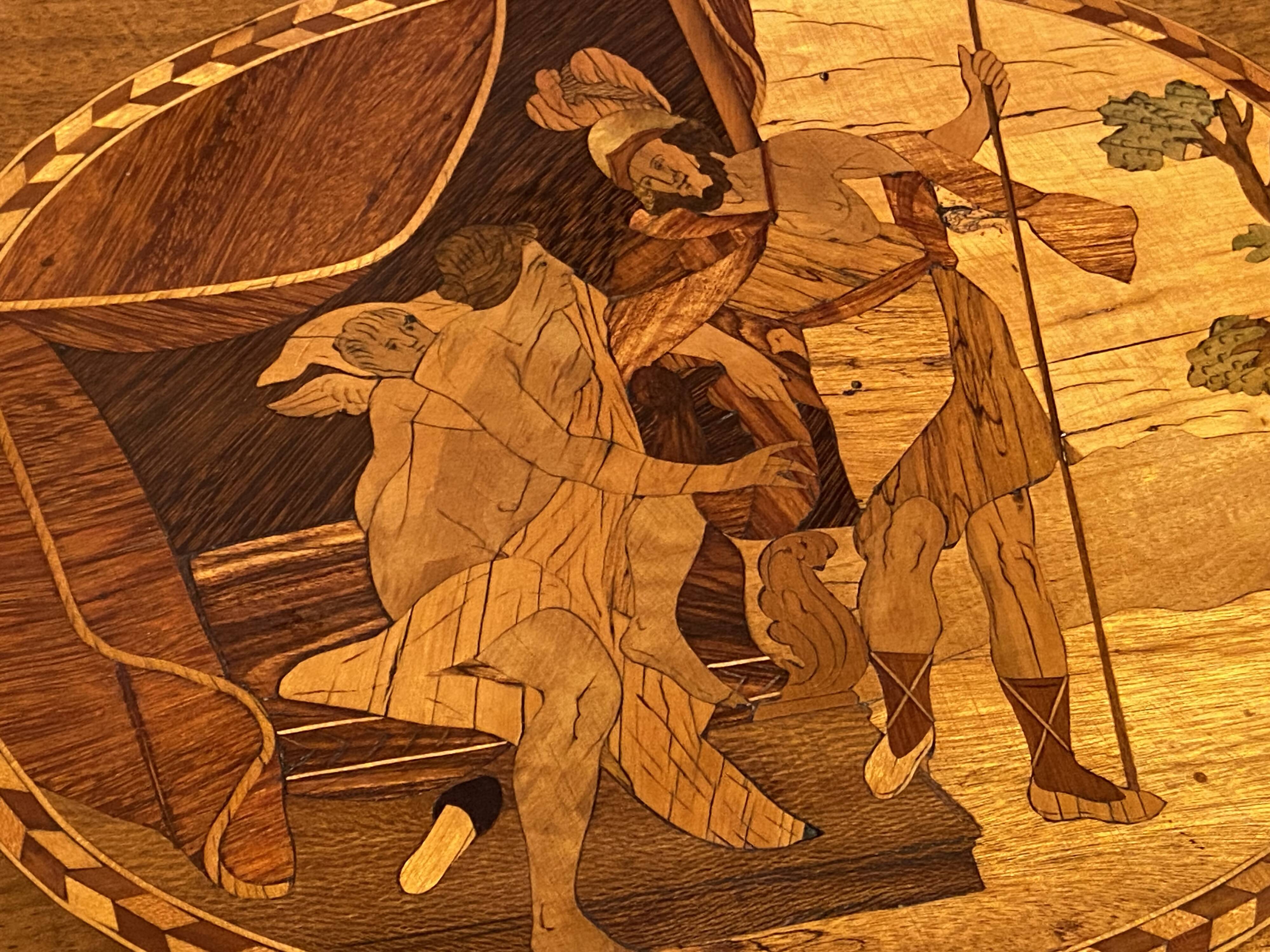 Large Louis XVI chest of drawers with 3 drawers, marquetry decoration depicting an antique scene from the late 18th century.