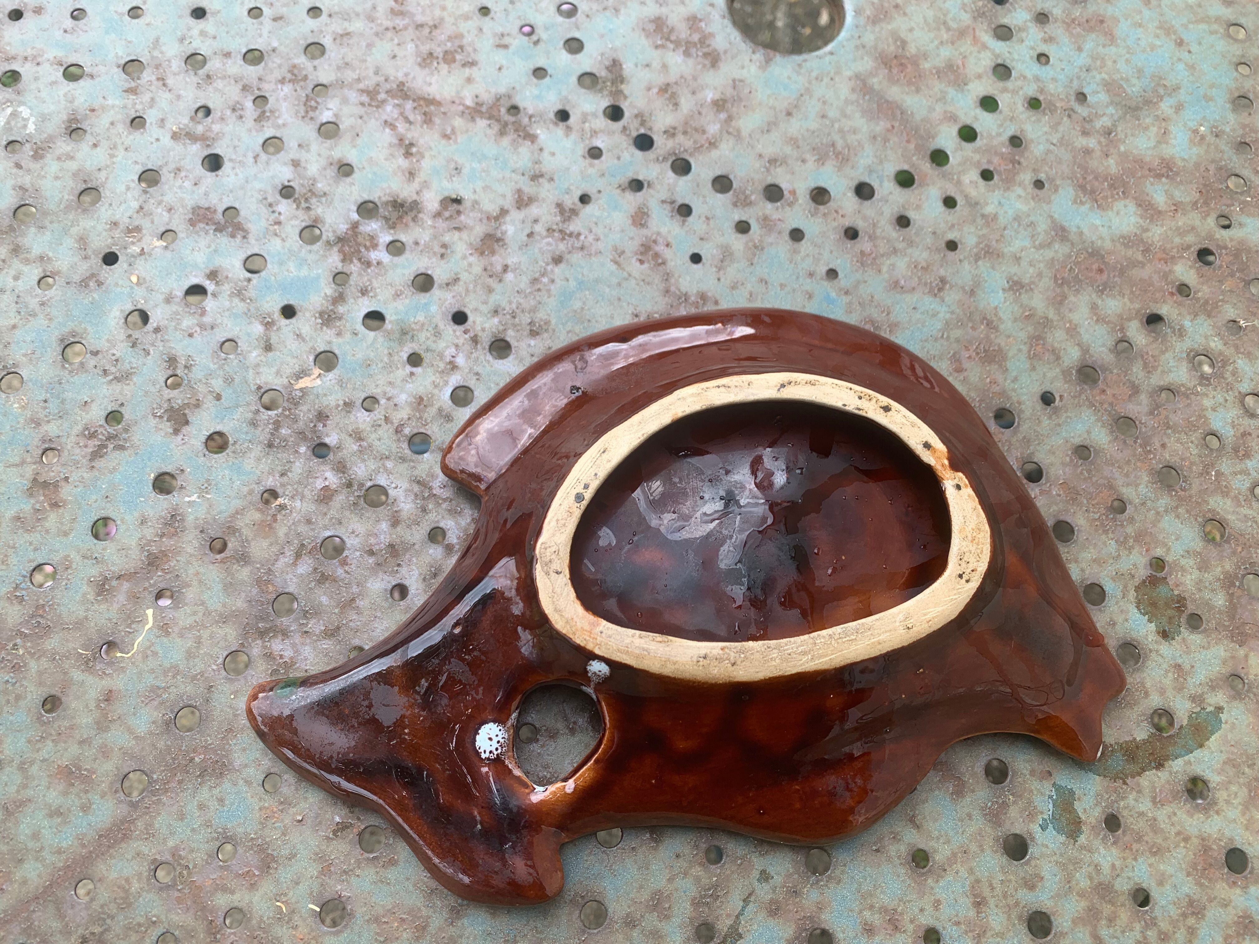 Empty pocket in glazed ceramic slip in the shape of vintage fish