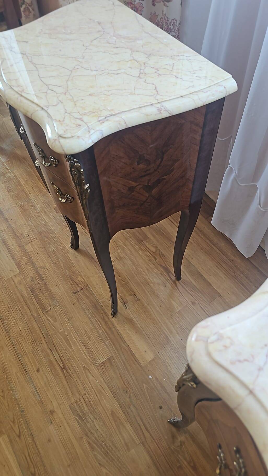 Pair of Louis XV style bedside tables with marquetry and marble top