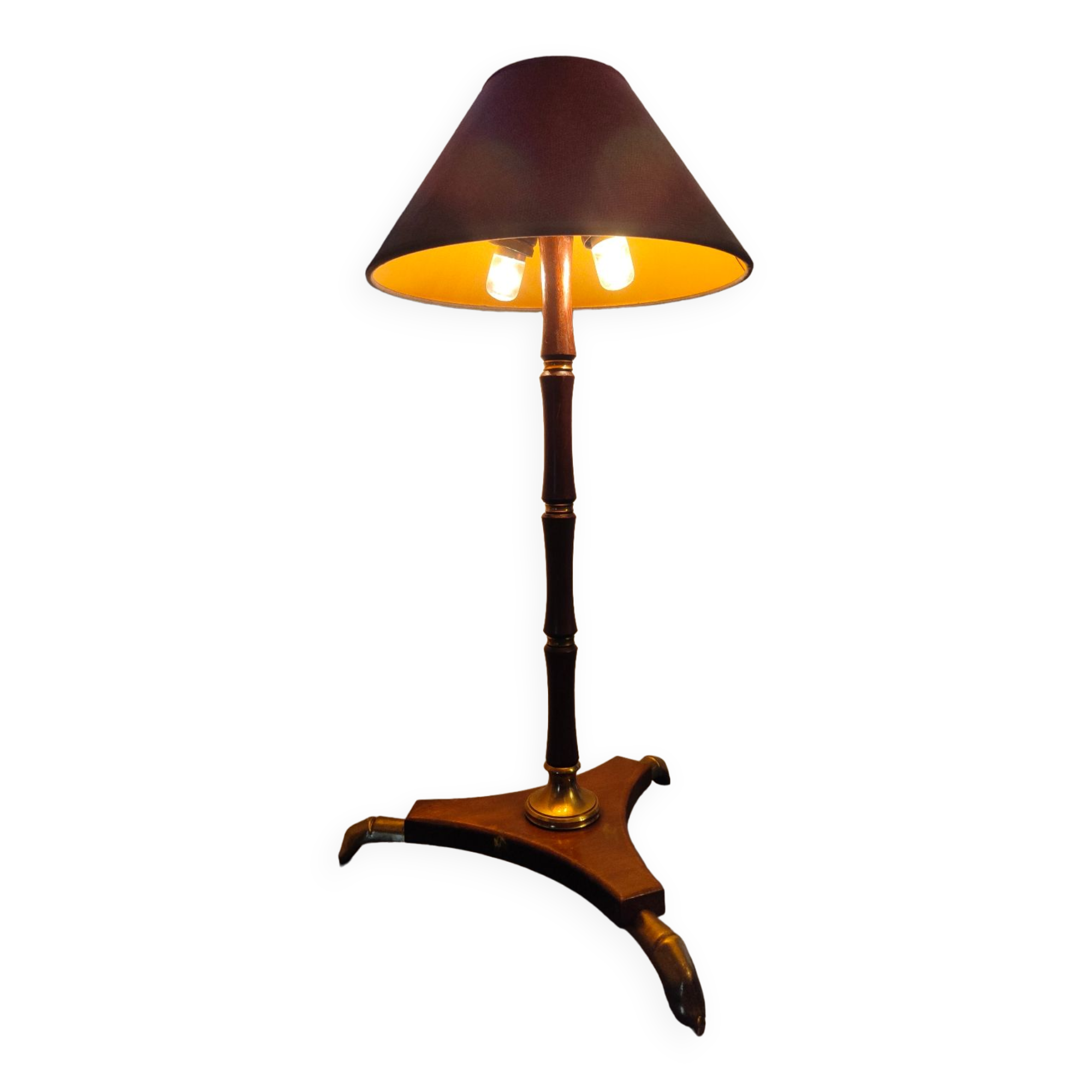 Art Deco tripod lamp in wood and brass signed France Paris