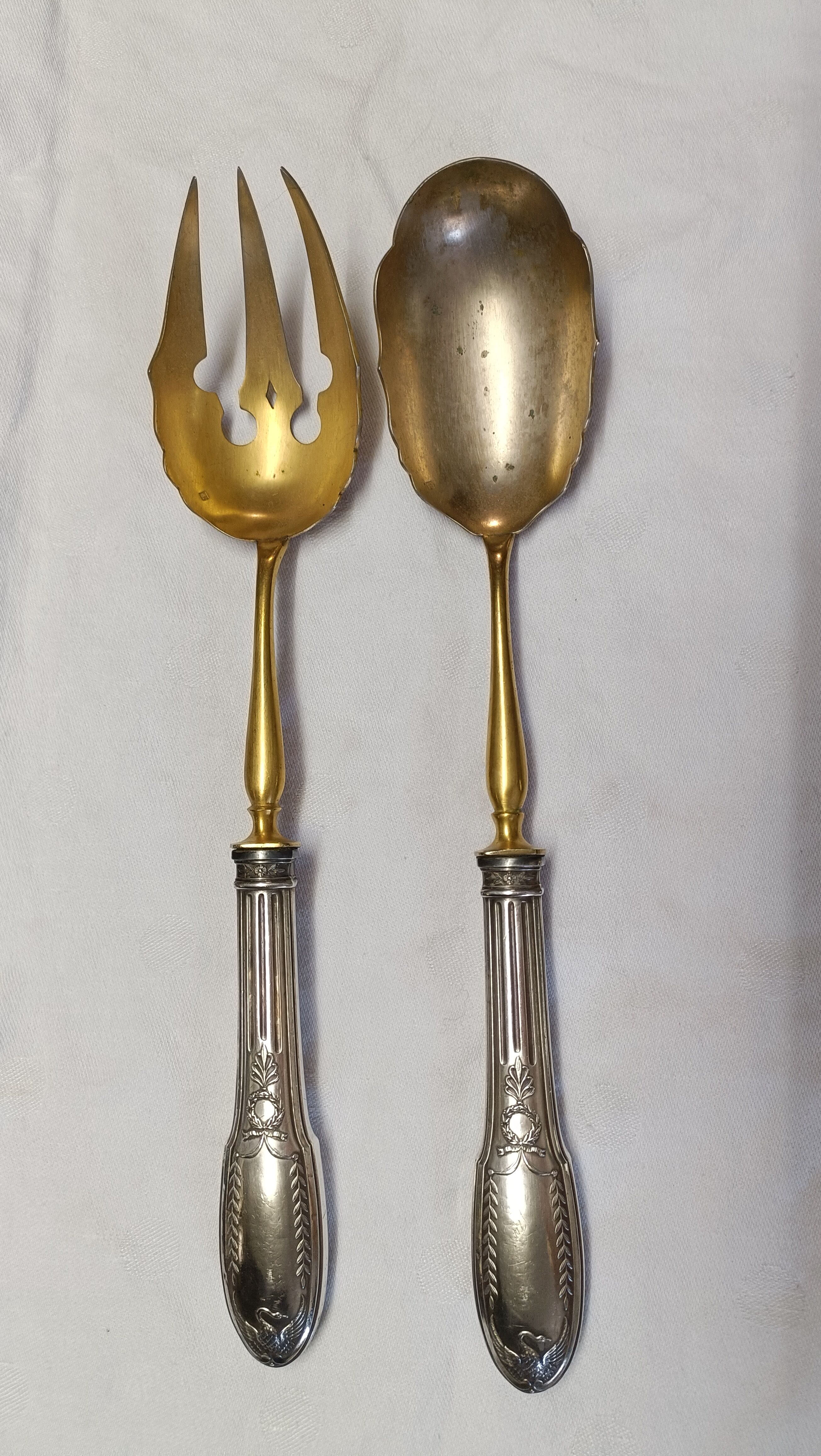 Salad spoon and fork, solid silver handle by emile puiforcat empire style "swan"