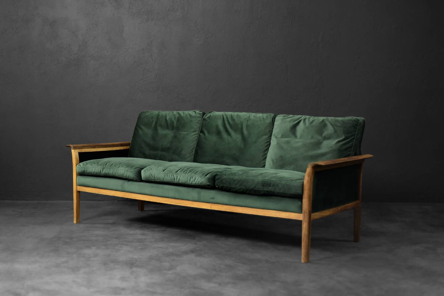 Vintage Mid-Century Modern Rosewood & Green Velour 3-Seater Sofa and Chair