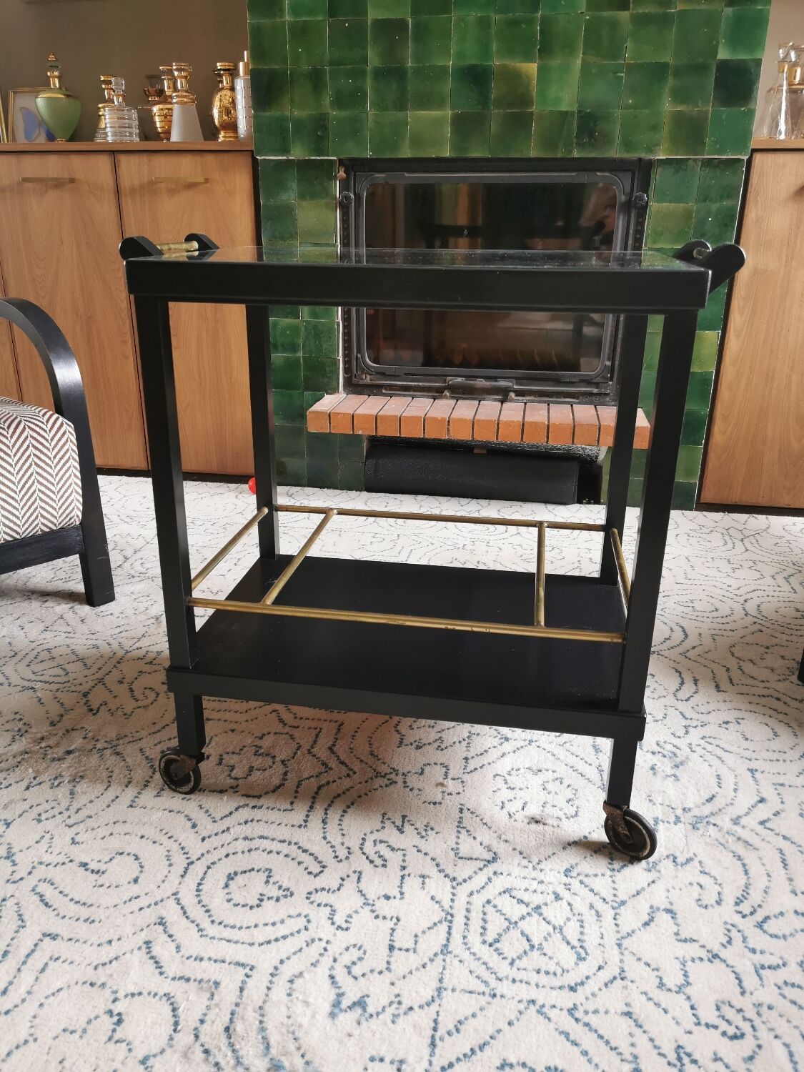 Art Deco wooden mirror and brass rolling service