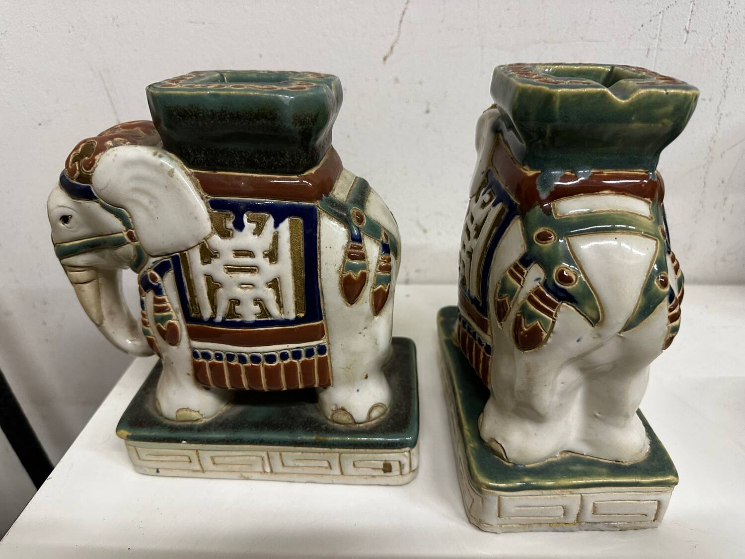 Pair of ceramic elephant plant stands polychrome sculpture - India