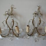 Old pair of double lamp lights with glass and brass pendants, retro decoration