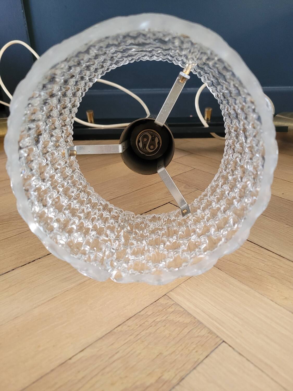Vintage pendant chandelier in molded glass and brass