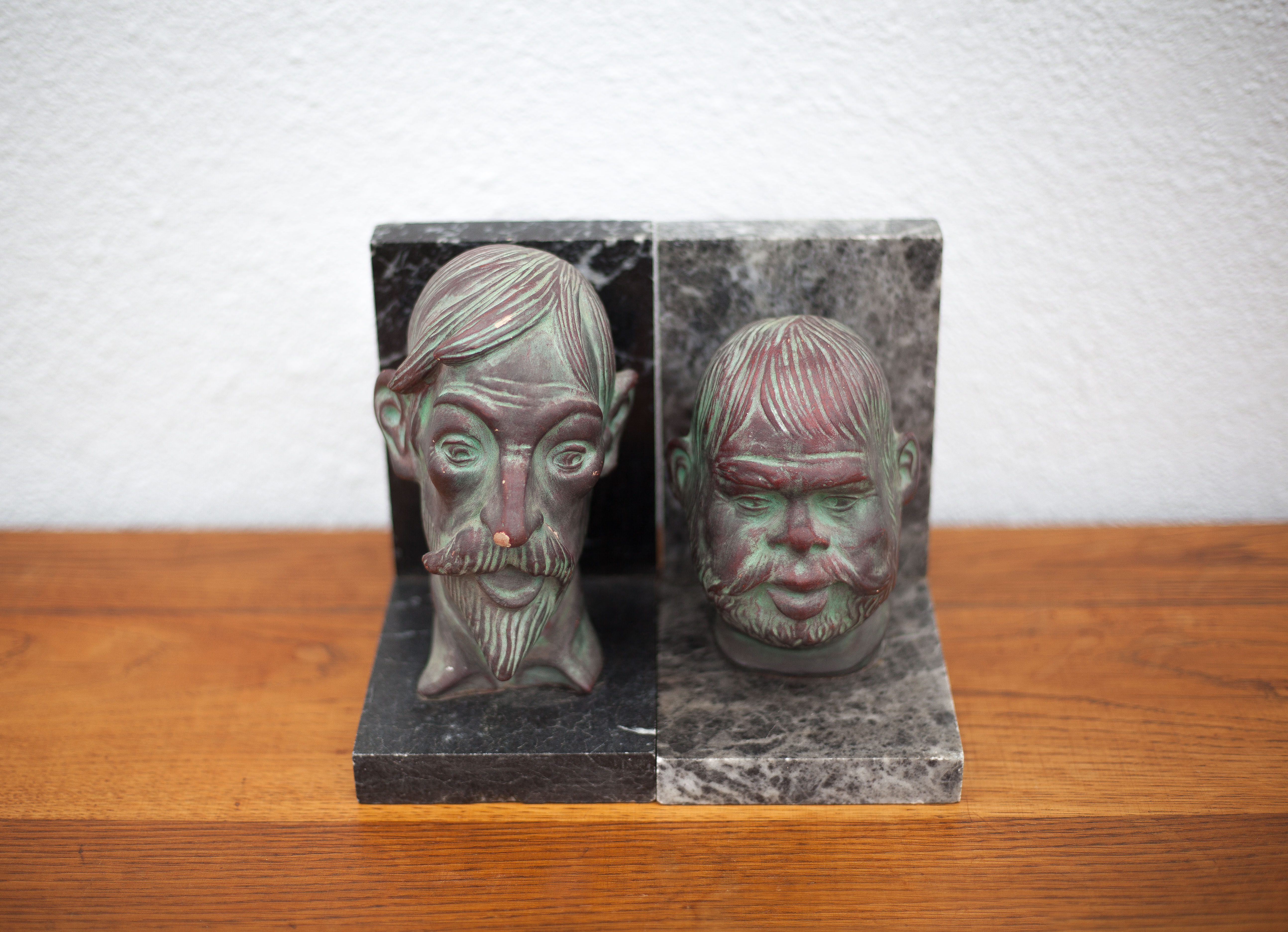 Pair of terracotta and marble bookends, don quixote and sancho panza, paperweight, library