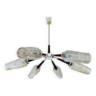 Large Scandinavian pendant light from the 60s, wood, glass, chrome