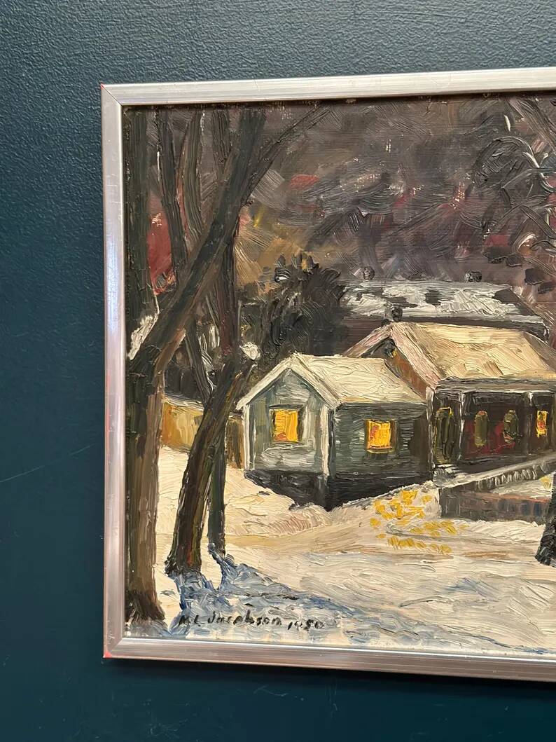 Original Swedish Oil on Panel – “Winter Landscape with House” by M. L. Jacobson – Signed – Vintage & Framed – 48 × 41 cm (18.9" × 16.1")