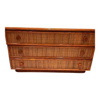 Vintage Maugrion chest of drawers in wood and rattan for Roche Bobois, 1980