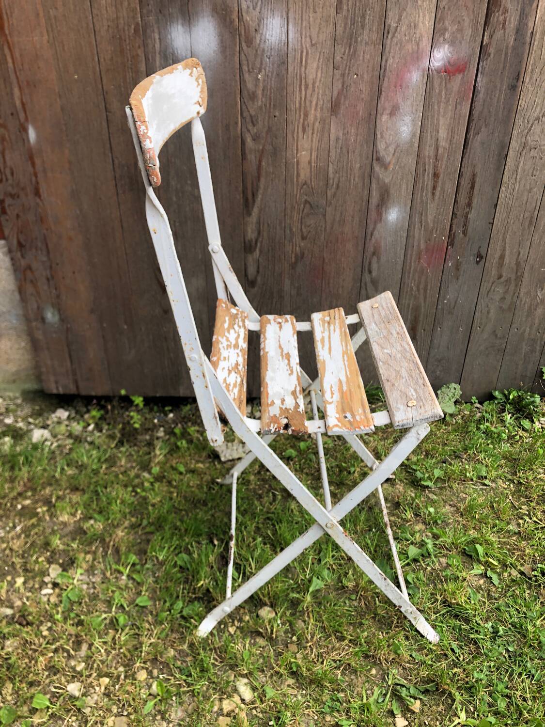 Vintage White Metal & Wood Folding Garden Chair