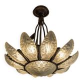 Lustre Art déco ancien des années 1930, par Georges Leleu, France, grande pièce de musée, verre d’exception, rare plafonnier de collection, bronze et verre