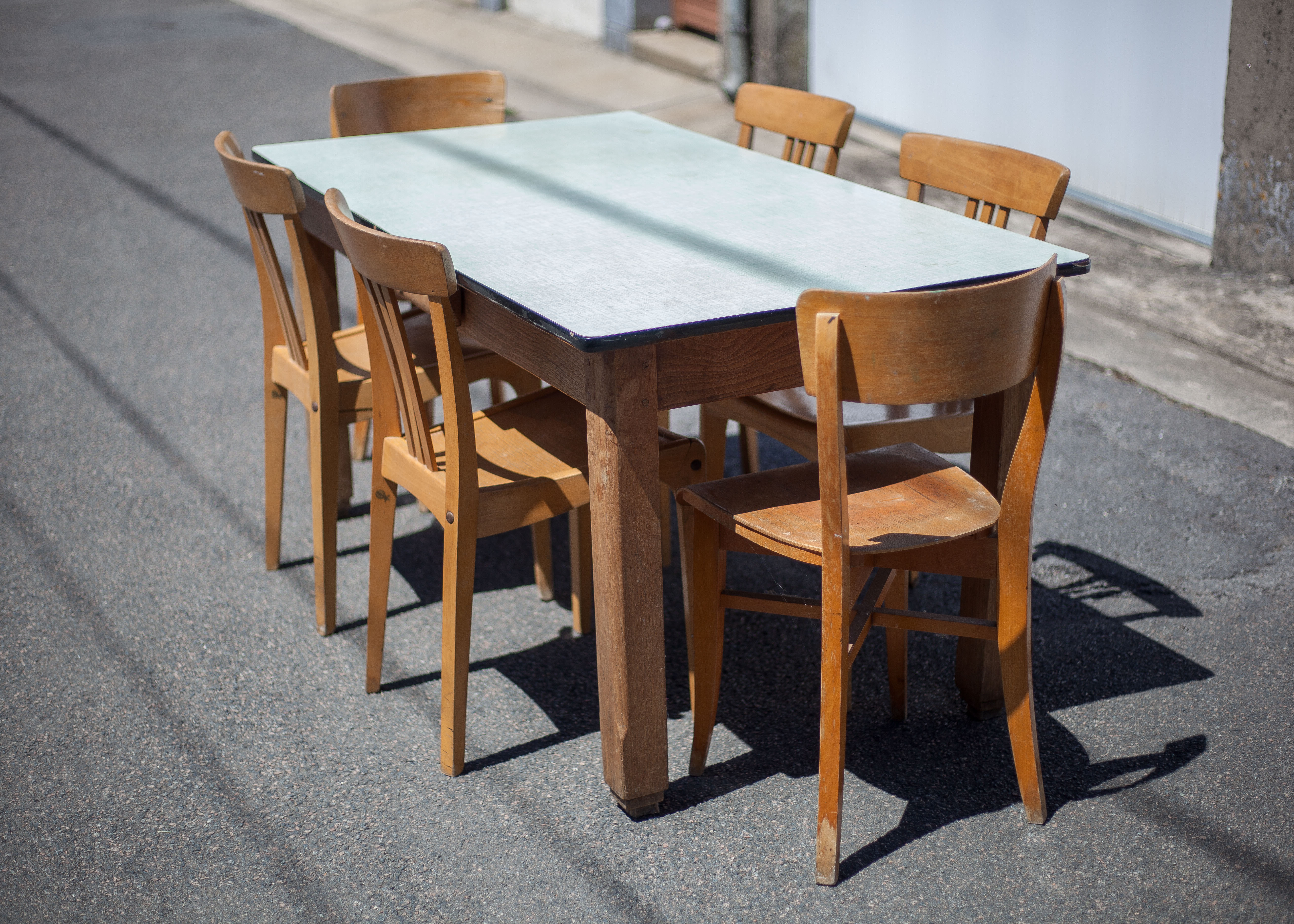 Wooden table formica top green vintage water