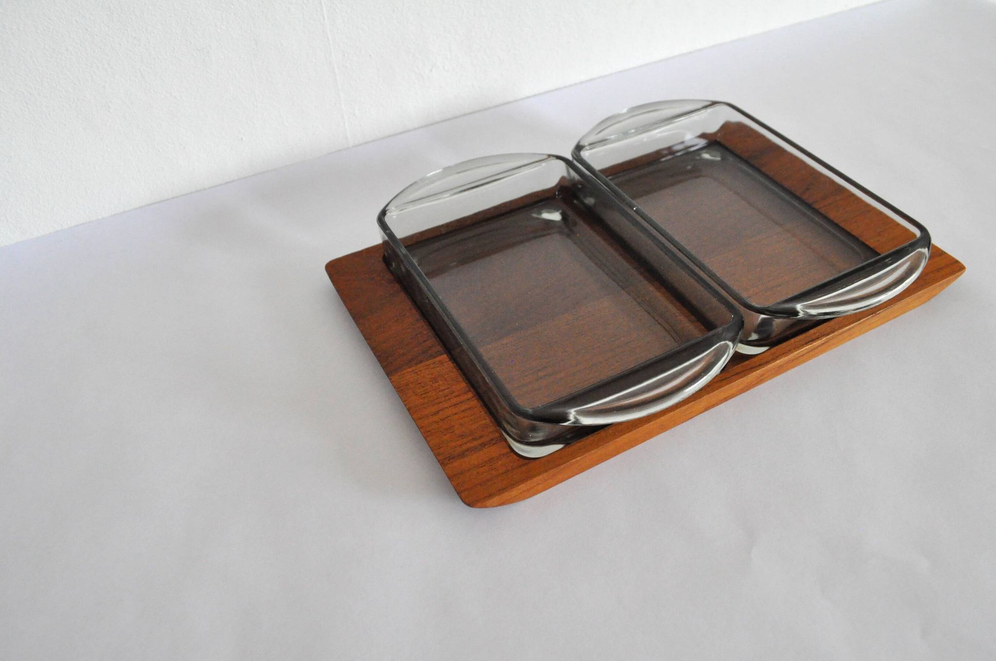 Danish Modern Teak Serving Tray with Glass Bowls by Wiggers, Denmark, 1960s