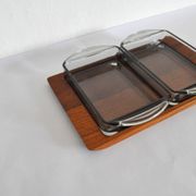 Danish Modern Teak Serving Tray with Glass Bowls by Wiggers, Denmark, 1960s