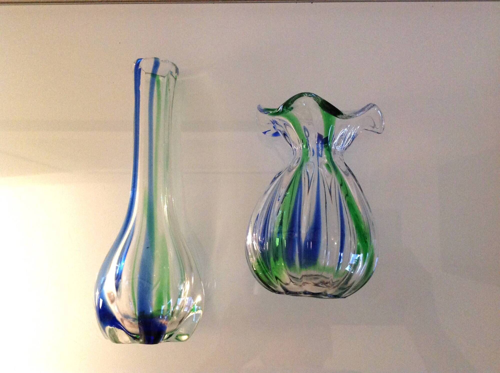 Pair of soliflore vases in polychrome ribbed glass / vintage 60s-70s