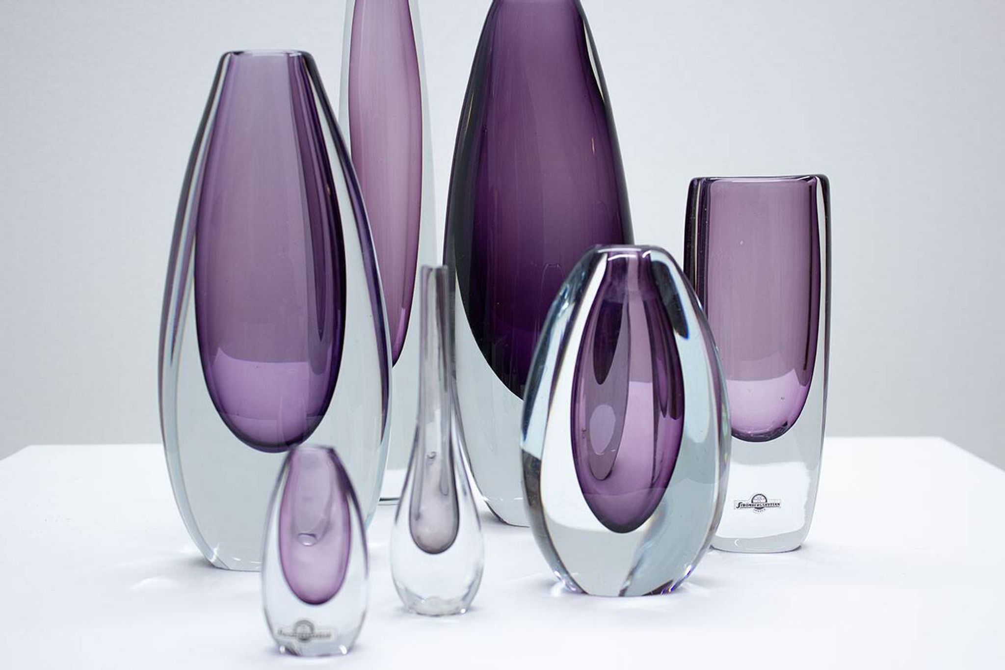 Group of 7 glass "Sommerso" vases by Strömbergshyttan, Sweden