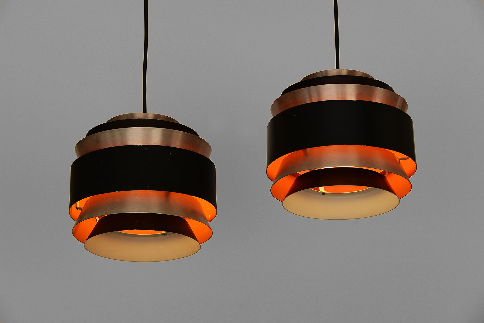 Pair of layered pendant lights in brushed aluminum. Denmark 1960s