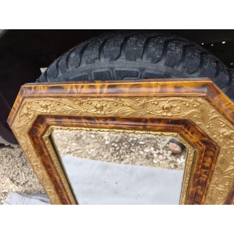 Miroir 19ème faux bois et stuc doré