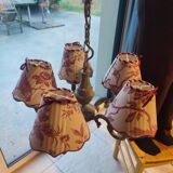 Lustre with 5 branches in bronze and grey, Gustavo style, lampshade in toile de Jouy.