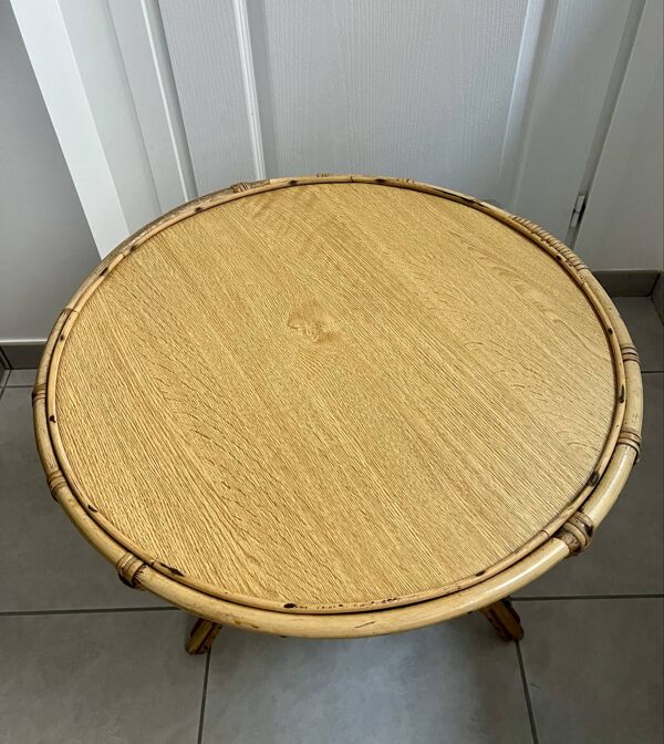 Table basse ronde rotin années 60