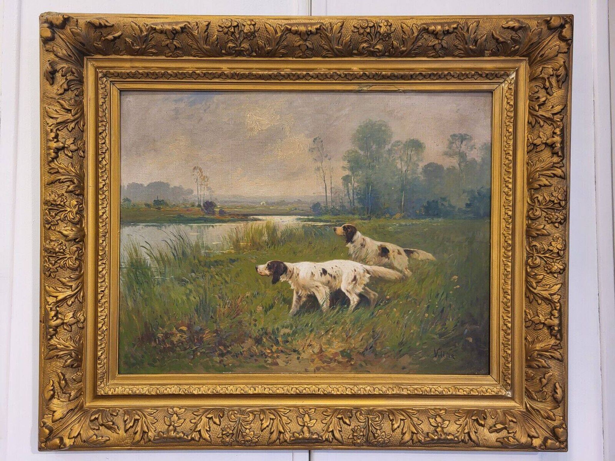Grande peinture à l'huile sur toile chien de chasse dans le bois signée