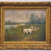 Grande peinture à l'huile sur toile chien de chasse dans le bois signée