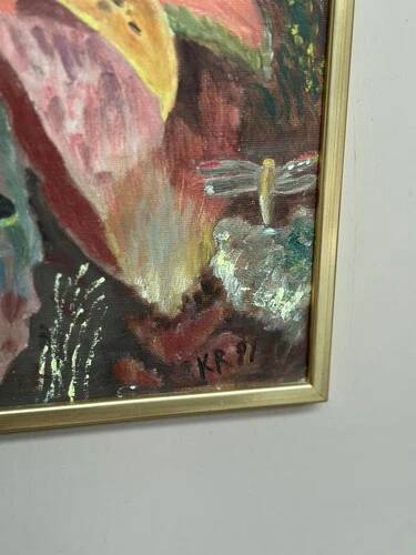 Mid-Century Oil on Canvas – “Forest” by K.R. (1991), Vintage & Framed 42.5×34.5cm