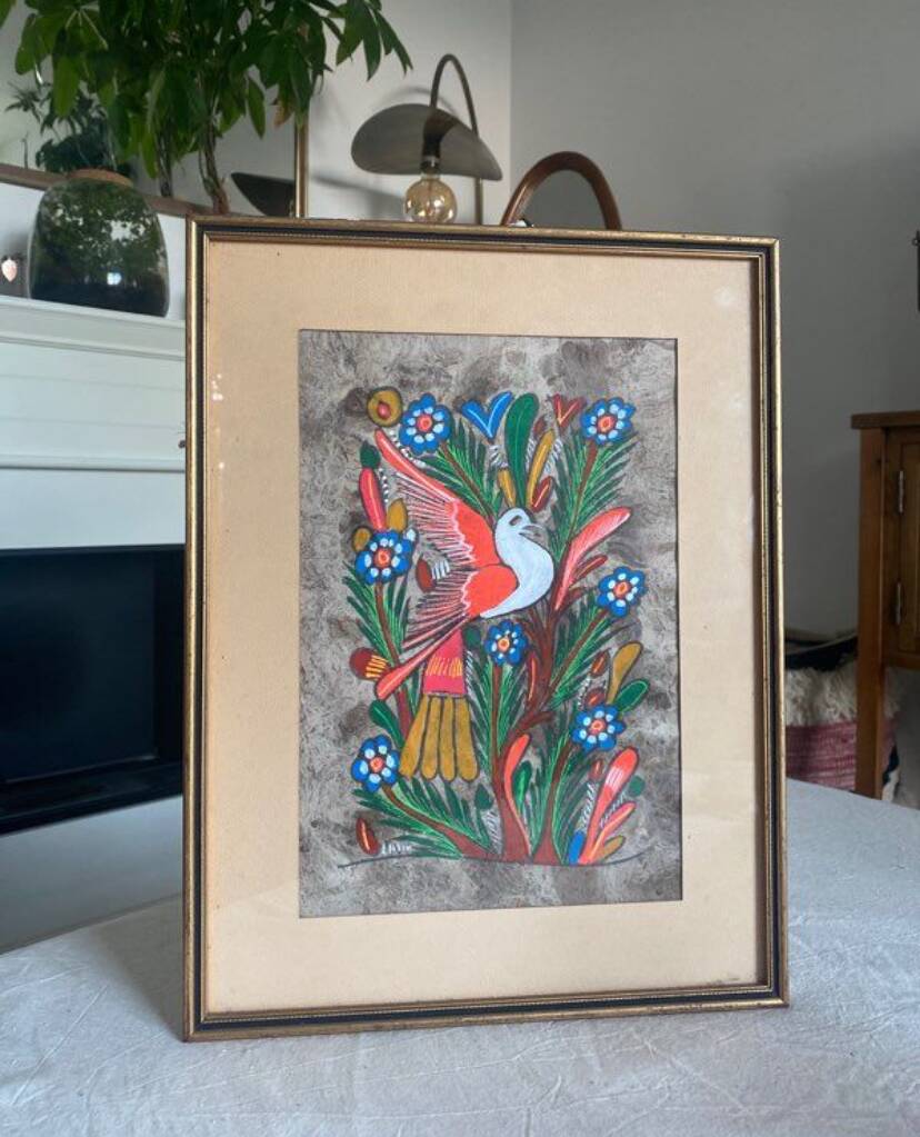 Painting on paper by Amate Bird and flowers