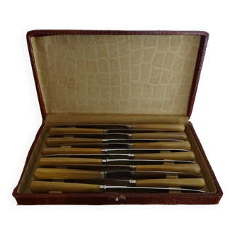 12 Art Deco dessert knives with horn handles - Silver blades with stainless steel ferrule - 24 cm