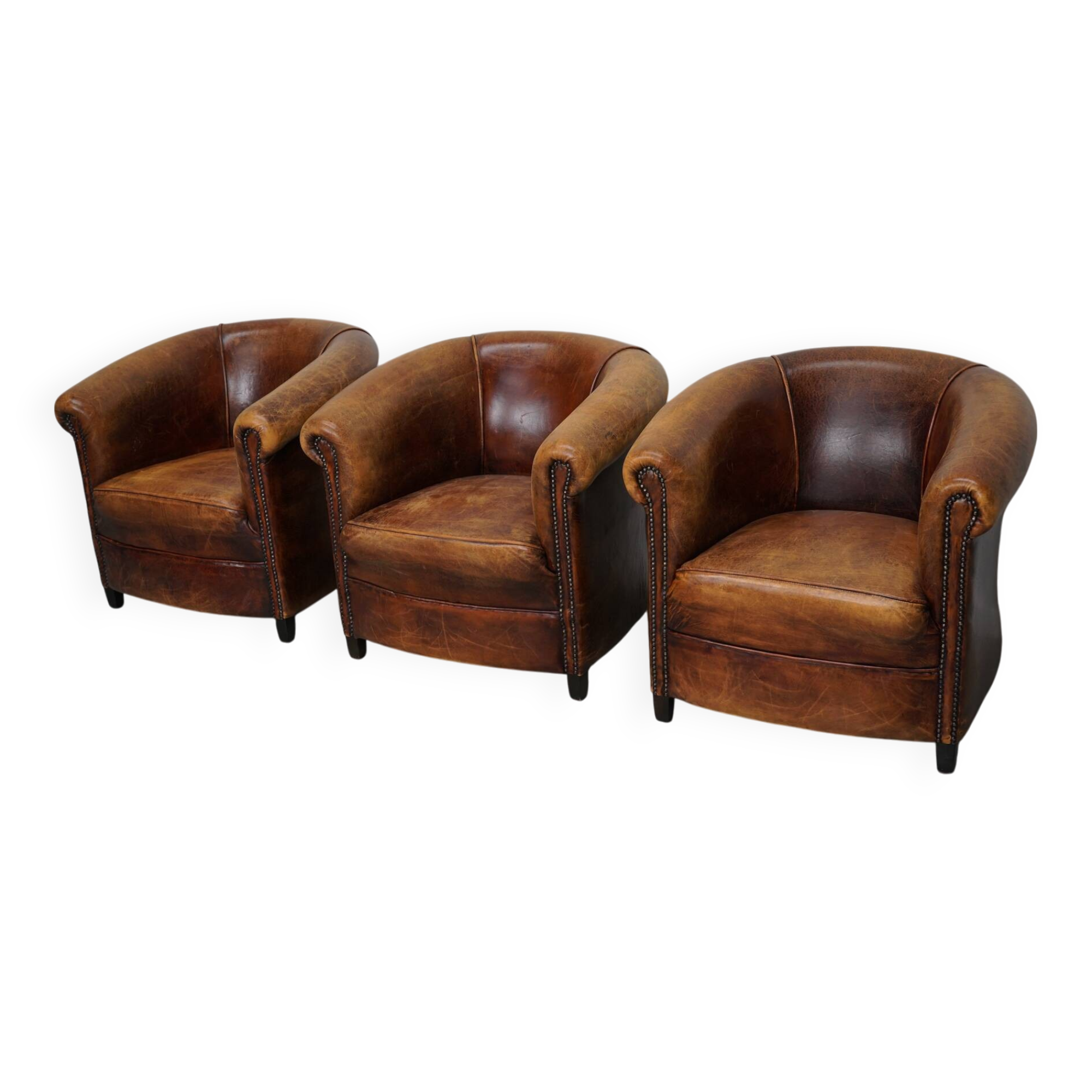Fauteuils club vintage hollandais en cuir cognac, lot de trois